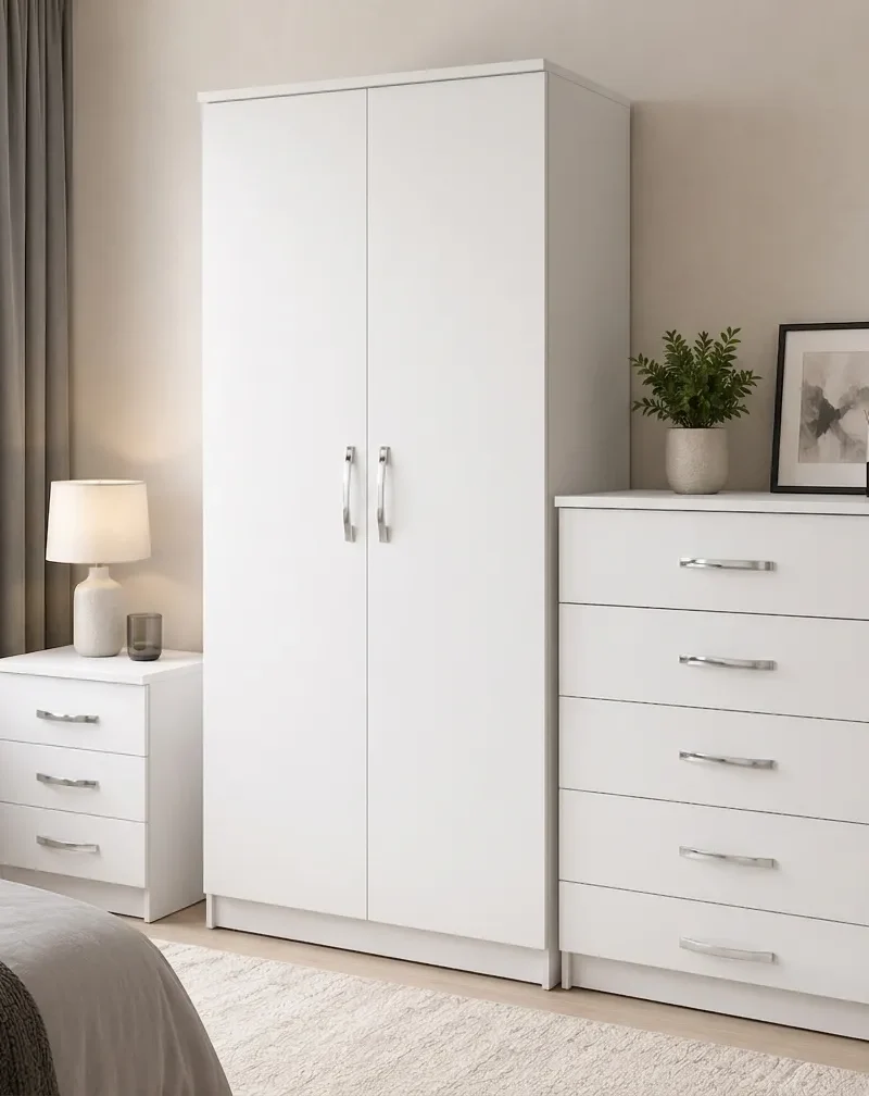 2 Door Plain Wardrobe with 5 Drawer Chest and 3 Drawer Bedside Table