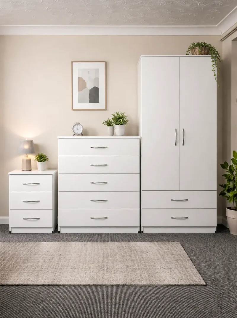 White 2 door wardrobe set with Chest of drawers and bedside table